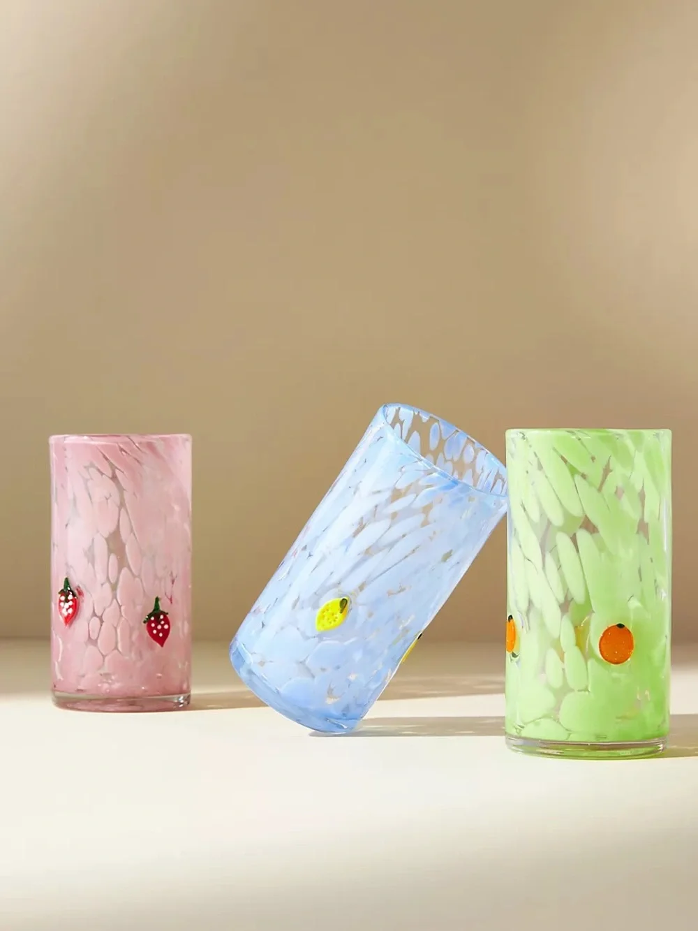 🍊🍊🍊Anthropologie Fruit Lacey Highball Glass‎ Tumbler Cup in green & oranges